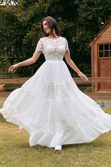 Vestido de novia de gasa boho de manga corta marfil con encaje